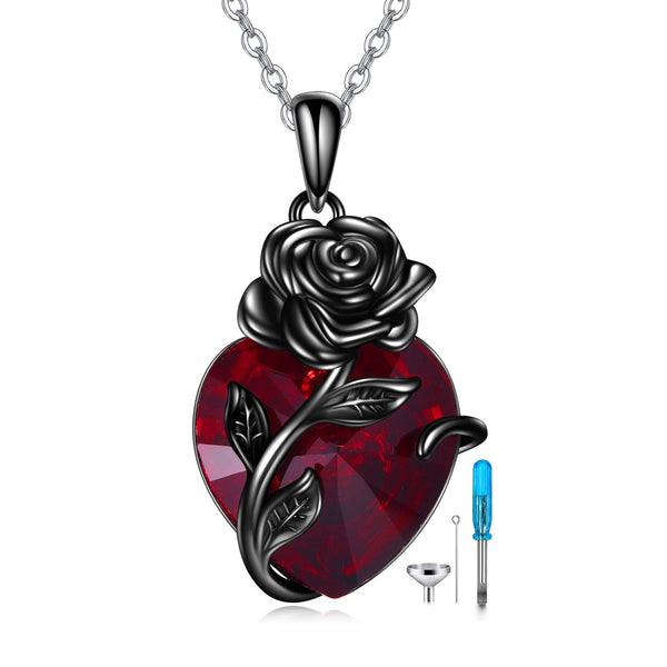 Heart Rose Urn Necklace for Ashes Cremation Jewelry - Sterling Silver 