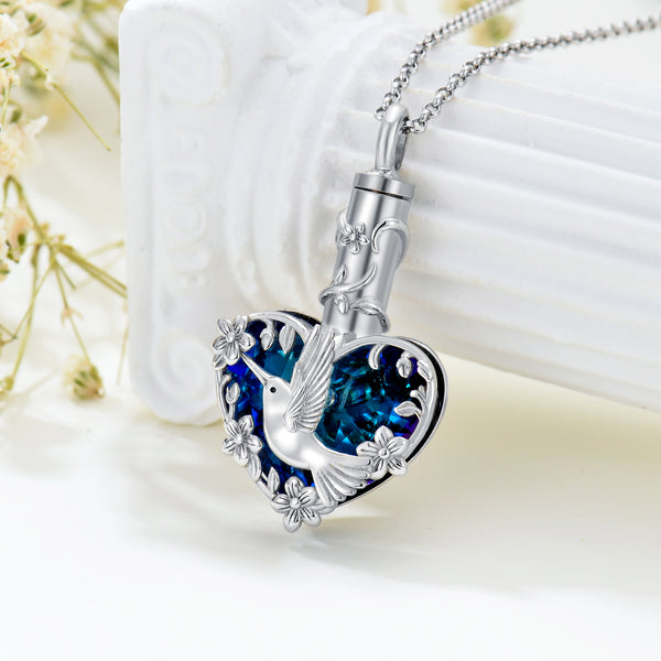 Crystal Heart Hummingbird Urn Necklace for Ashes