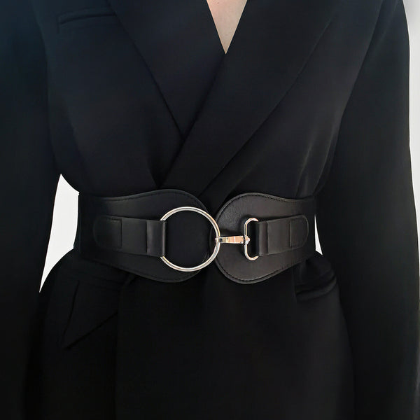 Chic Autumn Winter PU Elastic Belt: Coffee & Black Waist Cover for Women's Coats