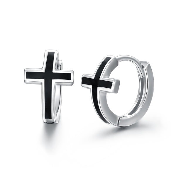 Black Cross Huggie Earrings in Sterling Silver Unisex Hoops
