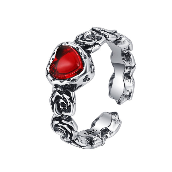 Vintage Rose S925 Silver Girl Vintage Heavy Industry Fashion Red Zircon Heart Ring