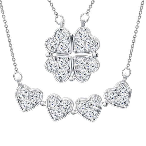 Folded Heart Zircon Clover Charm Necklace 