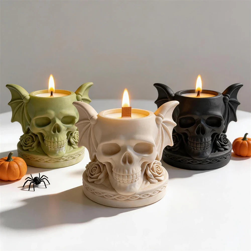 Cream green and black skull holders with bat wings and rose reliefs