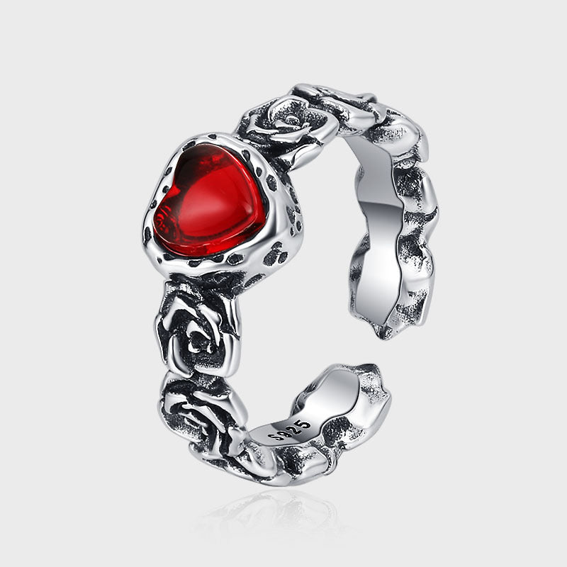 Vintage Rose S925 Silver Girl Vintage Heavy Industry Fashion Red Zircon Heart Ring