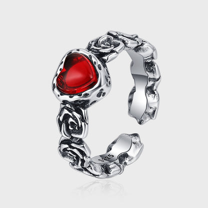 Vintage Rose S925 Silver Girl Vintage Heavy Industry Fashion Red Zircon Heart Ring