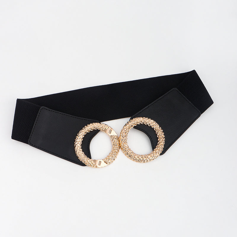 Chic Black Double Ring Elastic Belt with Golden Metal Buckle – Effortless Style for Your Waist