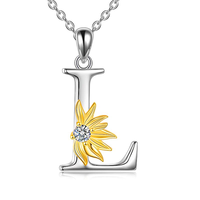 Sterling Silver Initial Alphabet Sunflower L Letter Script Name Pendant Necklace