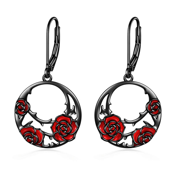Sterling Silver Red Rose Flower Leverback Earrings Jewelry for Women