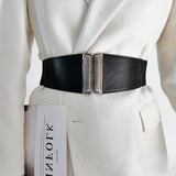 Sleek Women's Black Wide Elastic Belt with Retro Carved Design for a Chic Waist Accent