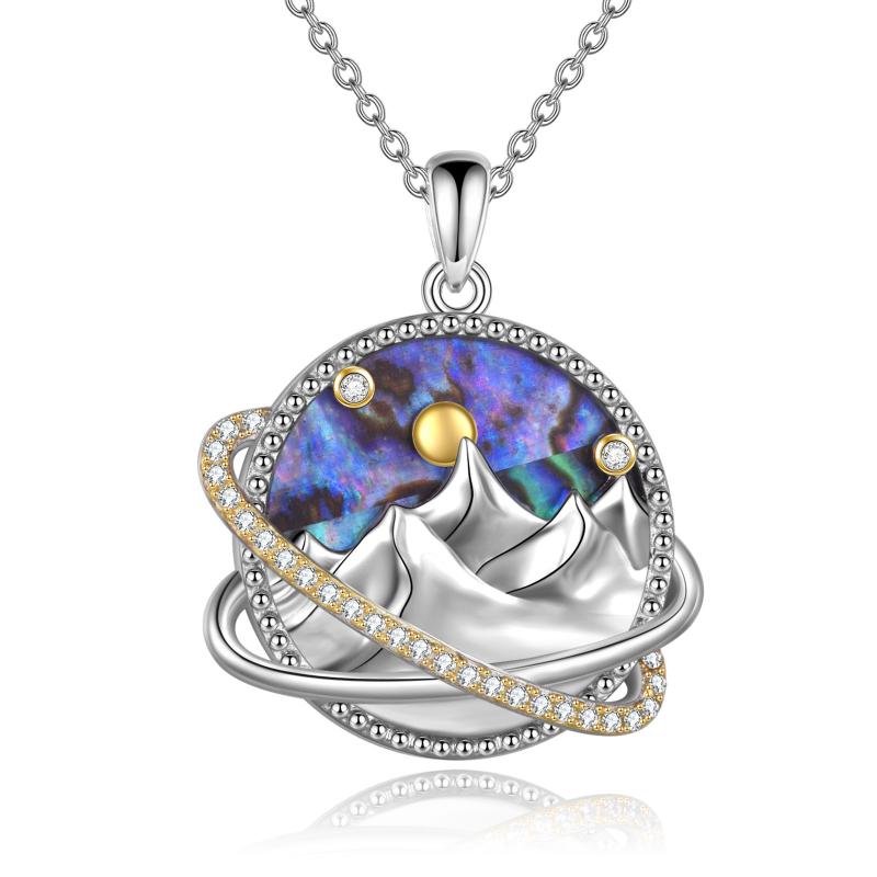 Sterling Silver Universe Planet Sun Moutain Pendant Necklace Abalone Shell Cubic Zirconia Jewelry