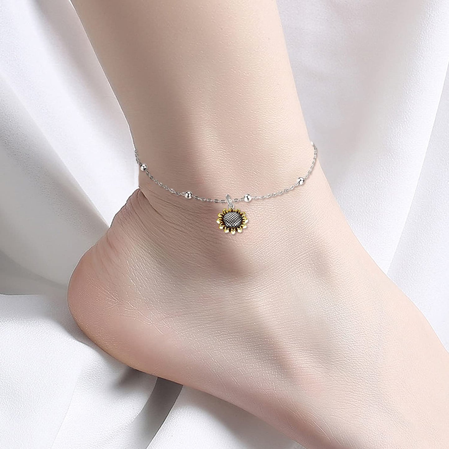 Beads Anklet Sterling Silver Sunflower Ankle Bracelets Jewelry for Women Girls Gifts