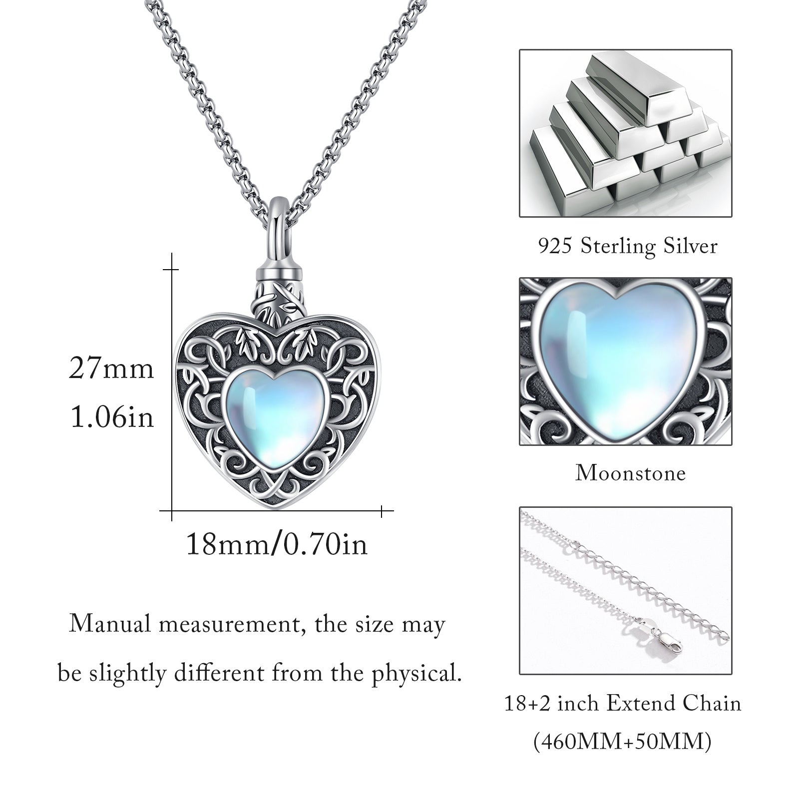 Heart Moonstone Urn Necklace for Ashes - 925 Silver Cremation Jewelry