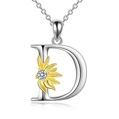 Sterling Silver Initial Alphabet Sunflower D Letter Script Name Pendant Necklace