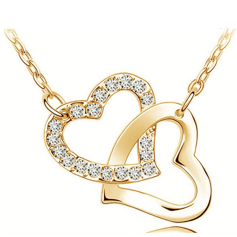 Lady Rhinestone Double Heart Pendant Necklace - 2 Hearts, 1 Love