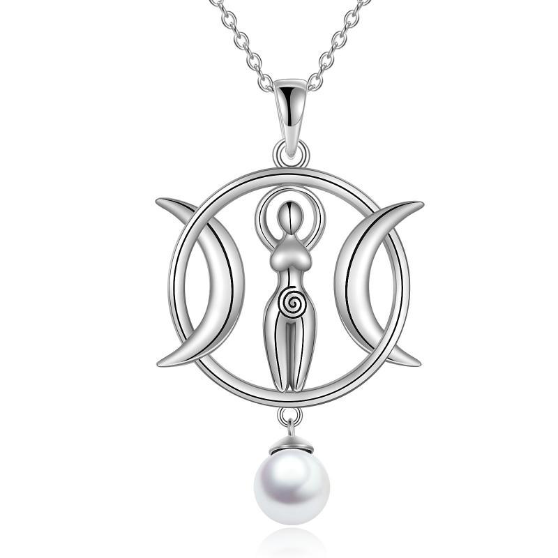 Triple Moon Goddess Necklace Amulet Wizard Pendant with Shell Pearl Necklace for Women
