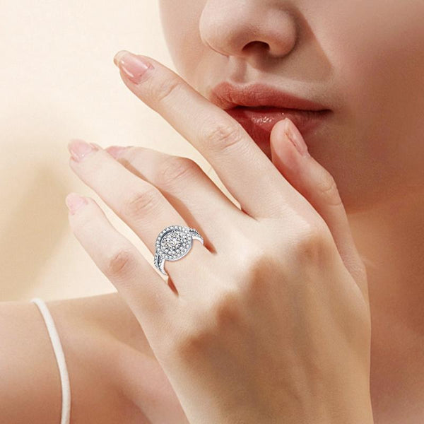 925 Sterling Silver Double Halo Cubic Zirconia Rings Set