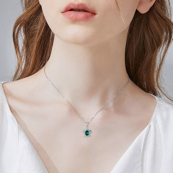 925 Sterling Silver Green Crystal Turtle Necklace for Women