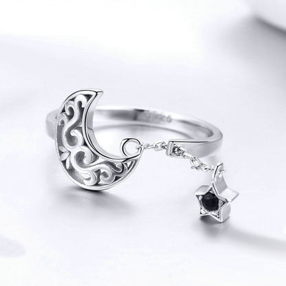 S925 Sterling Silver Crescent Moon and Star Ring | Adjustable Tassel Chain Dangle Black CZ Charm