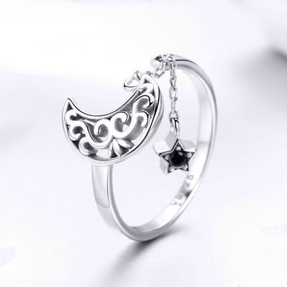 S925 Sterling Silver Crescent Moon and Star Ring | Adjustable Tassel Chain Dangle Black CZ Charm