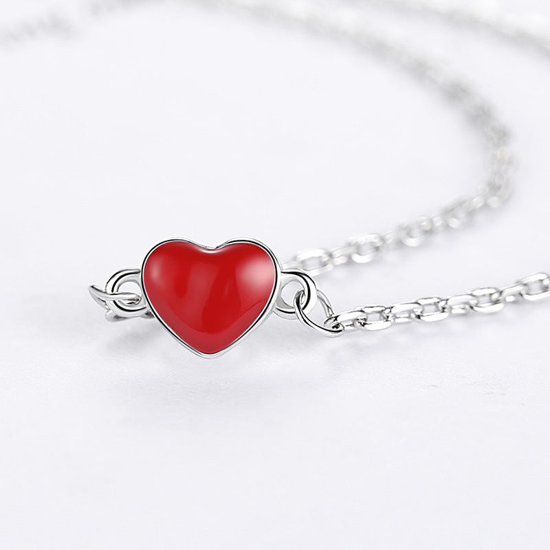 Elegant Red Heart Charm Choker Necklace - 925 Sterling Silver