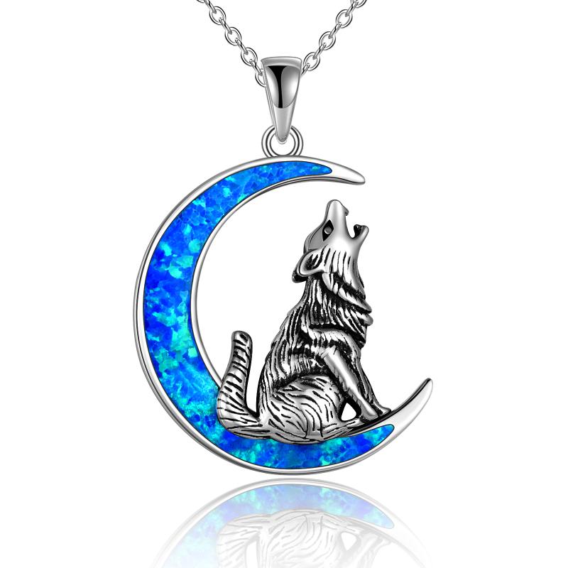 Sterling Silver Wolf Opal Moon Pendant Necklace Gifts for Women