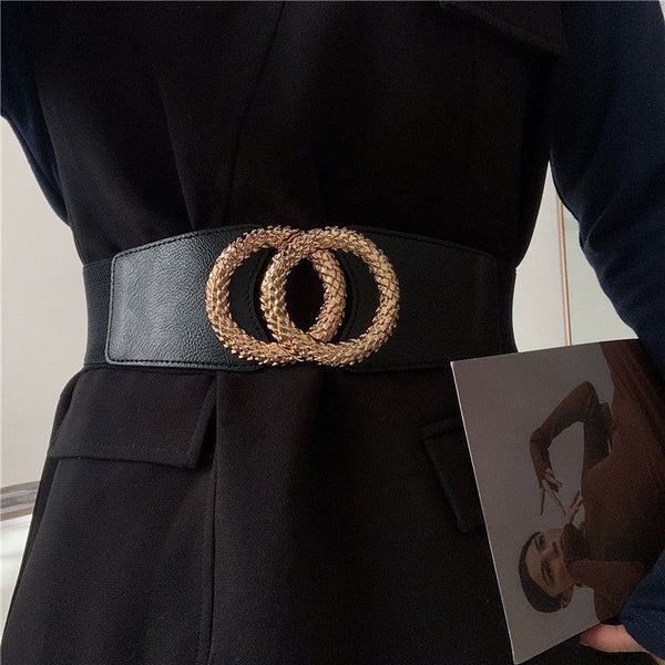 Chic Black Double Ring Elastic Belt with Golden Metal Buckle – Effortless Style for Your Waist