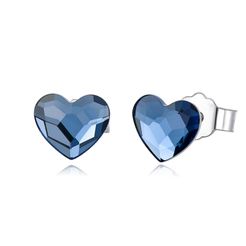 Sterling Silver Blue Crystal Tiny Small Heart Studs Earrings for Sensitive Ears