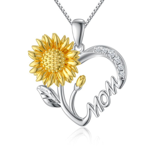 Necklace for Mom 925 Sterling Silver Sunflower Heart I Love You Mother Pendant Jewelry Mother's Day Birthday Gift