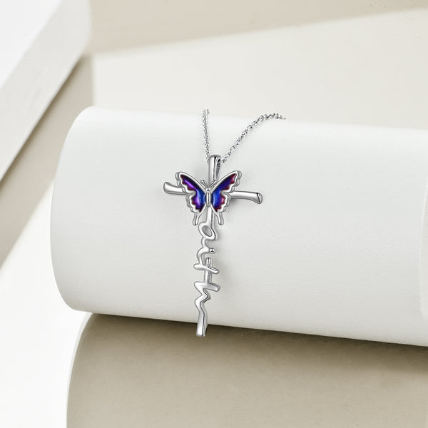 Butterfly Cross Necklace - Sterling Silver