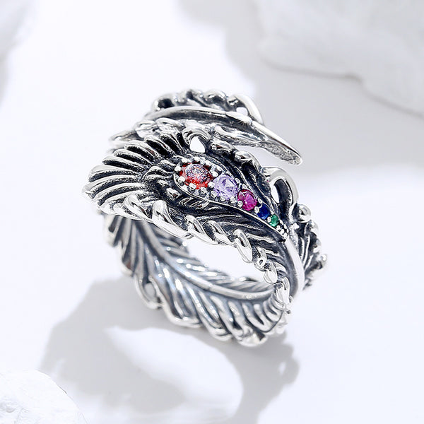 S925 Sterling Silver Stereoscopic Design Feeling Retro And Distressed Peacock Feather With Colorful Zirconium Ring