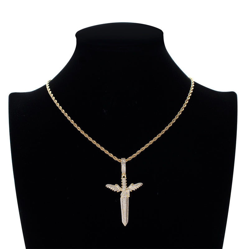 Make a Statement with our Hip Hop Angel Sword Pendant Men's Necklace - Trendy Cubic Zircon Bling