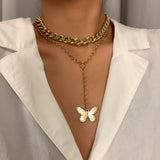 Double Thick Chain Butterfly Pendant Necklace - Perfect for a Bold, Punk-inspired Look!