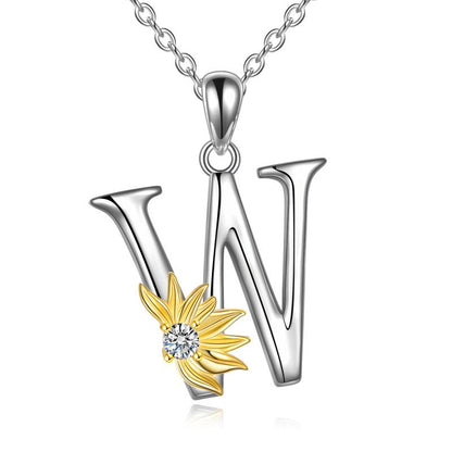 Sterling Silver Initial Alphabet Sunflower W Letter Script Name Pendant Necklace