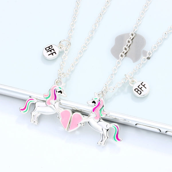 2Pcs Set Magnetic Best Friends Forever Unicorn Necklace 