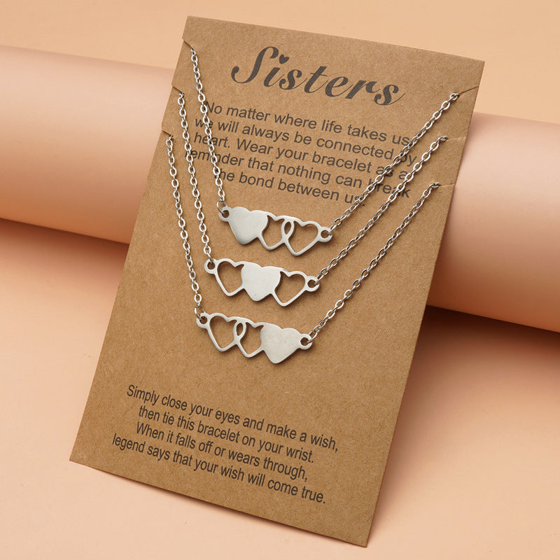 3-pcs Long Distance Friendship Card Necklaces Heart-shaped Clavicle Chain for Sisters Obsesie