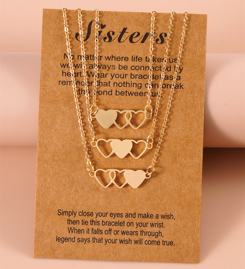 3-pcs Long Distance Friendship Card Necklaces Heart-shaped Clavicle Chain for Sisters Obsesie