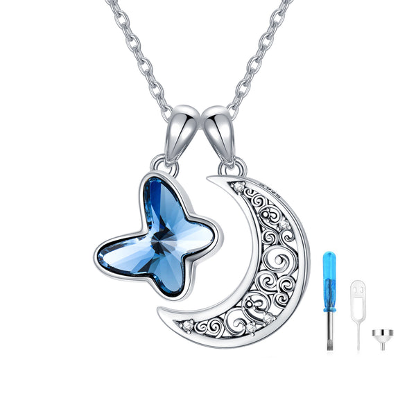 Blue Butterfly Crescent Moon Urn Necklace for Ashes