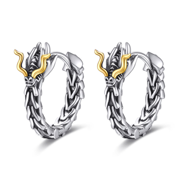 Dragon Hoop Earrings for Men - Sterling Silver