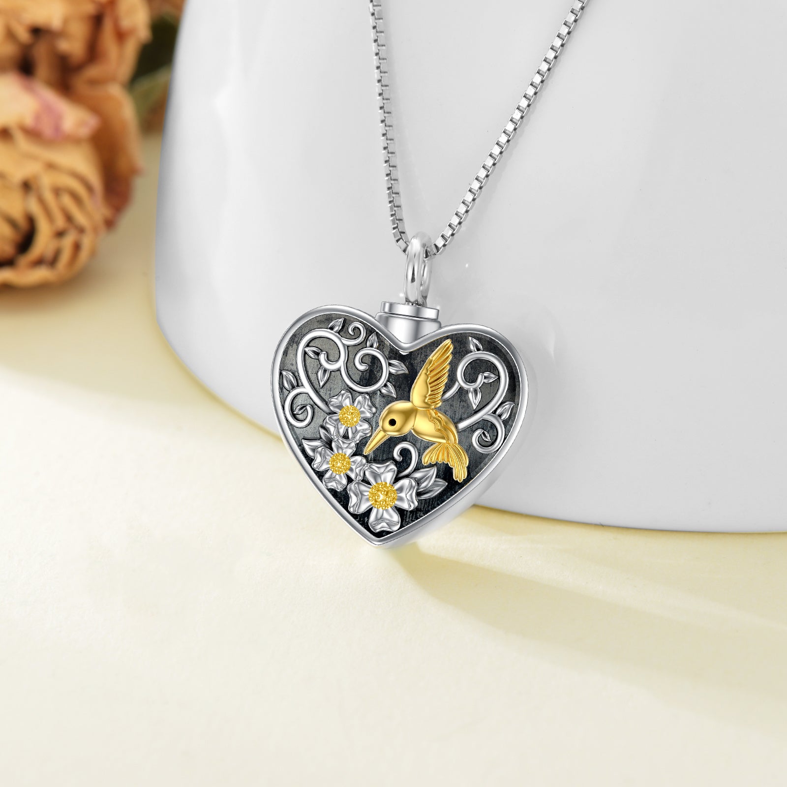 Heart Hummingbird Urn Necklace for Ashes