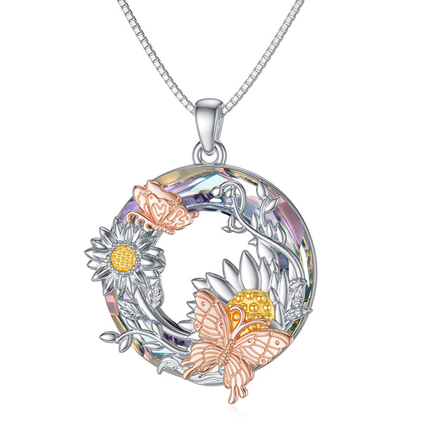Crystal Sunflower Butterfly Necklace in Rose Gold and Gold Plated Sterling Silver