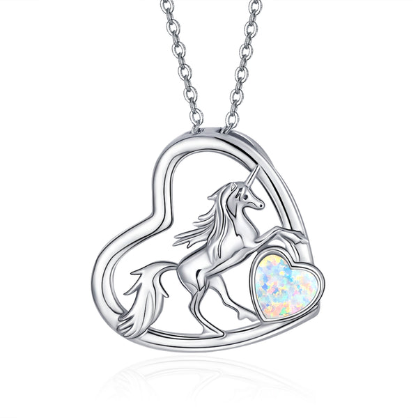 S925 Sterling Silver Opal Heart Unicorn Necklace  Necklace