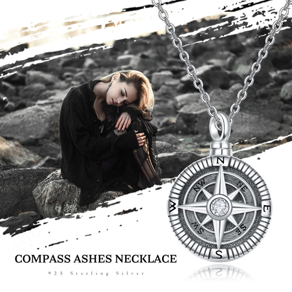 925 Sterling Sliver Compass Urn Necklace for Ashes Keepsake Jewelry