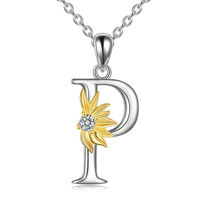 Sterling Silver Initial Alphabet Sunflower P Letter Script Name Pendant Necklace