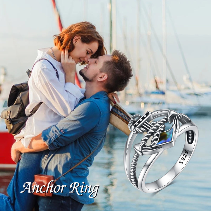 Nautical Blue Anchor Ring - Sterling Silver