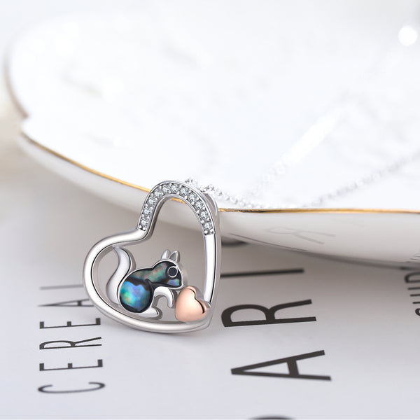 925 Sterling Silver Squirrel Abalone Shell Cubic Zirconia Cute Animal Heart Pendant Necklace