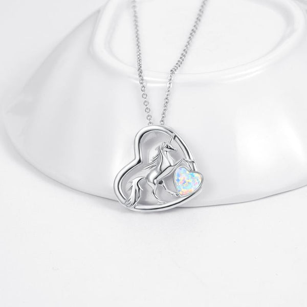 S925 Sterling Silver Opal Heart Unicorn Necklace  Necklace