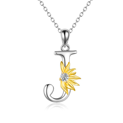 Sterling Silver Initial Alphabet Sunflower J Letter Script Name Pendant Necklace