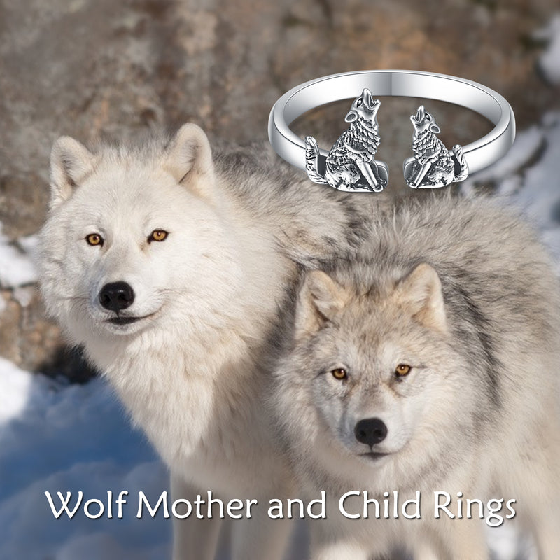 Mother and Child Wolf Sterling Silver Adjustable Rings