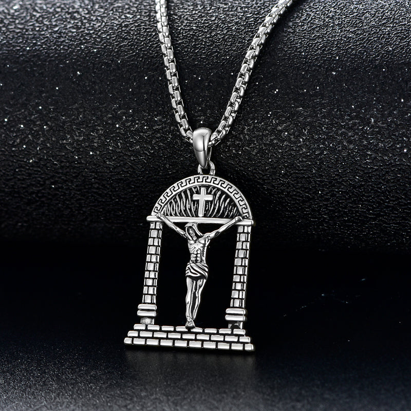 Sterling Silver Jesus Suffering Statue Crucifix Pendant Necklace Religious Gift