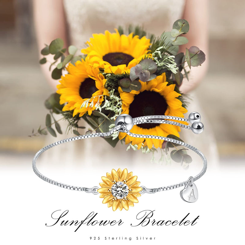 Sunflower Bracelets with Initial A Sterling Silver Sunflower Gifts for Women Girls Sunflower Jewelry